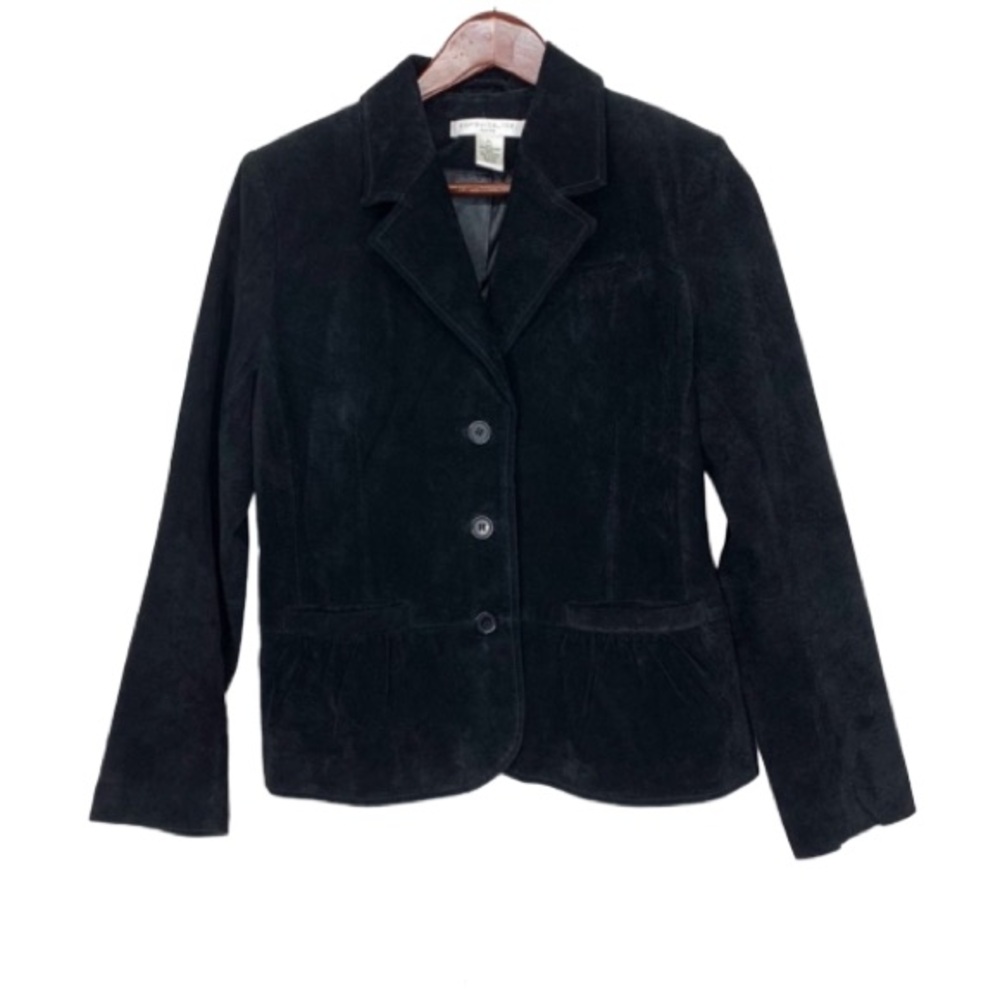 Pursuits Ltd Black Suede Leather Three Button Blazer Style Vntg Jacket Petite Lg